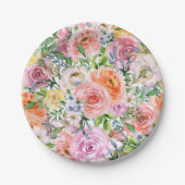 ピンク黄色オレンジ色バラ花模様 ペーパープレート (正面)