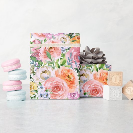 ピンク黄色オレンジ色バラ花模様 ラッピングペーパー (ベビーシャワー)