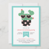 ピンク黒のかわいいサボテンの誕生日パーティー 招待状 (正面)