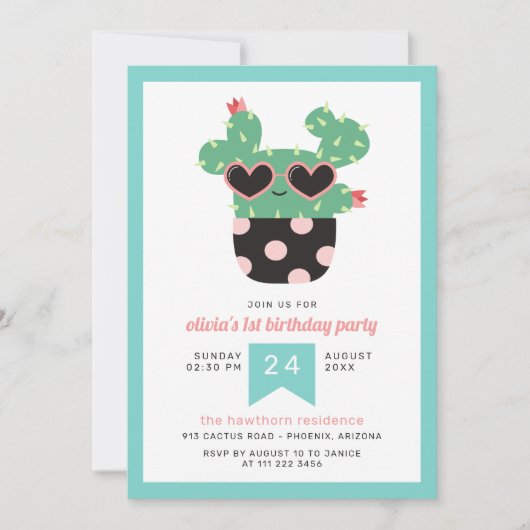 ピンク黒のかわいいサボテンの誕生日パーティー 招待状 (正面)
