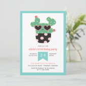 ピンク黒のかわいいサボテンの誕生日パーティー 招待状 (スタンド正面)