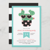 ピンク黒のかわいいサボテンの誕生日パーティー 招待状 (正面/裏面)