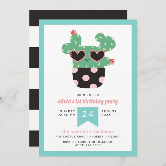 ピンク黒のかわいいサボテンの誕生日パーティー 招待状 (正面/裏面)