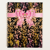 ピンク黒のグリッターの弓金ゴールドきらめく プランナー手帳 (正面)