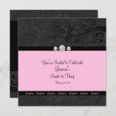 ピンク黒の旋回Sweet sixteenパーティの招待状 招待状 (正面/裏面)