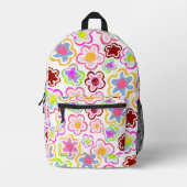 ピンク黒花手描き模様フローラ プリントバックパック (正面)