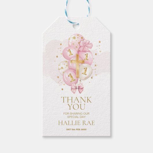 ピンク1歳の誕生日とバプテスマありがとうメッセージカード ギフトタグ (正面)
