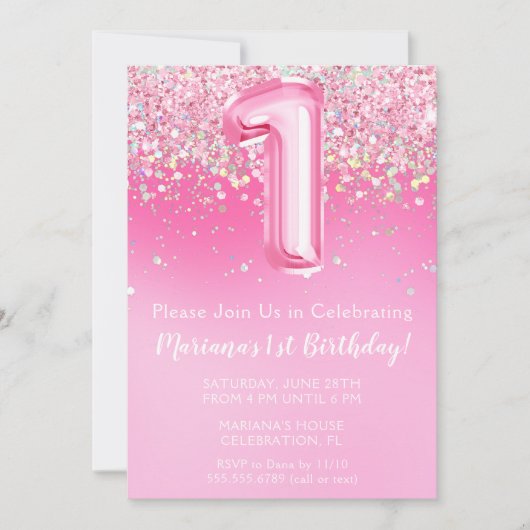 ピンク1歳の誕生日招待状ガーリーピンクグリッター 招待状 (正面)