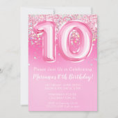 ピンク10誕生日招待状ガーリーピンクグリッター 招待状 (正面)