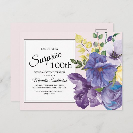 ピンク100誕生日の紫色の水彩フローラ ポストカード (正面/裏面)