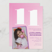 ピンク11歳の誕生日招待状女子レトロ写真 招待状 (正面/裏面)