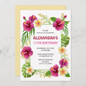 ピンク11歳の誕生日招待状熱帯パーティー 招待状 (正面/裏面)