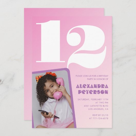 ピンク12th誕生日招待状ガールレトロ写真 招待状 (正面/裏面)