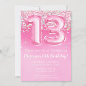 ピンク13誕生日招待状ガーリーピンクグリッター 招待状 (正面)