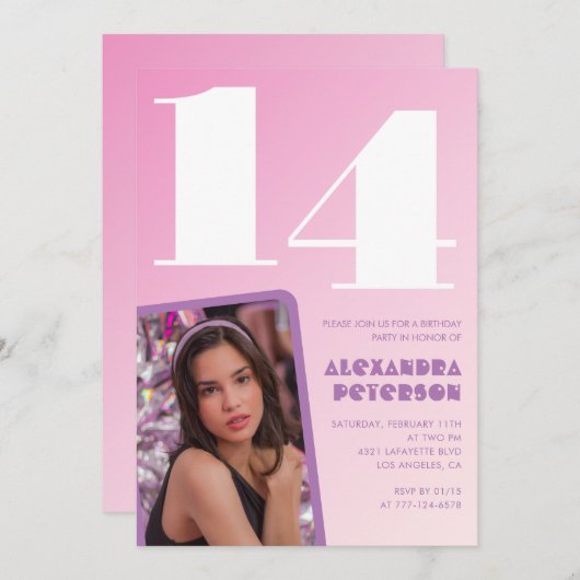 ピンク14th誕生日招待状ガールレトロ写真 招待状 (正面/裏面)