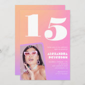 ピンク15歳の誕生日招待状のレトロ写真 招待状 (正面/裏面)