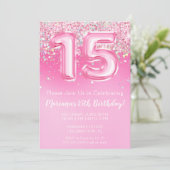 ピンク15誕生日招待状ガーリーピンクグリッター 招待状 (スタンド正面)