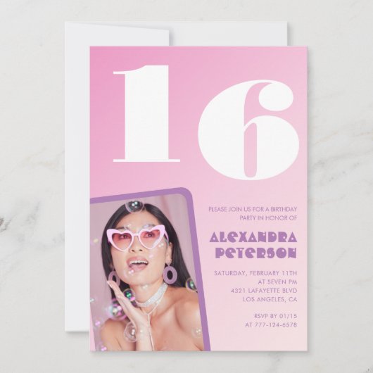 ピンク16歳の誕生日招待状レトロ写真 招待状 (正面)