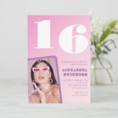 ピンク16歳の誕生日招待状レトロ写真 招待状 (スタンド正面)