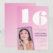 ピンク16歳の誕生日招待状レトロ写真 招待状 (正面/裏面)