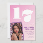 ピンク17歳の誕生日招待状レトロ写真 招待状 (正面)