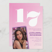 ピンク17歳の誕生日招待状レトロ写真 招待状 (正面/裏面)