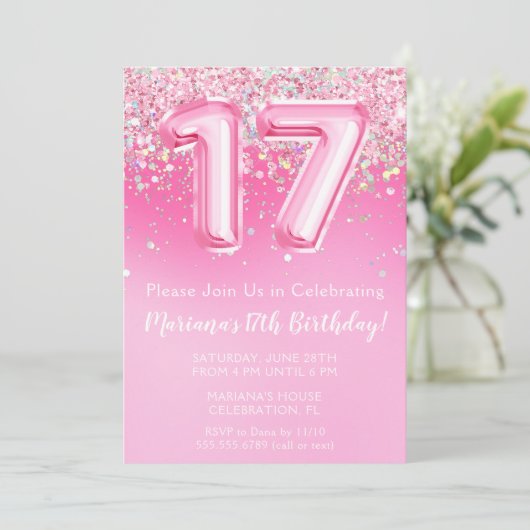ピンク17誕生日招待状ガーリーピンクグリッター 招待状 (スタンド正面)
