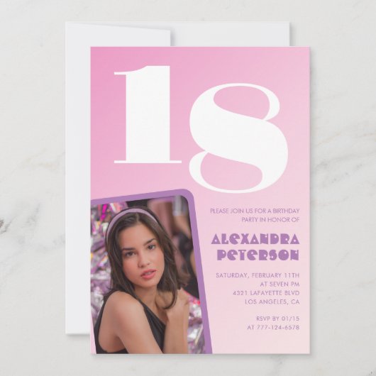 ピンク18歳の誕生日招待状レトロ写真 招待状 (正面)