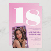 ピンク18歳の誕生日招待状レトロ写真 招待状 (正面/裏面)
