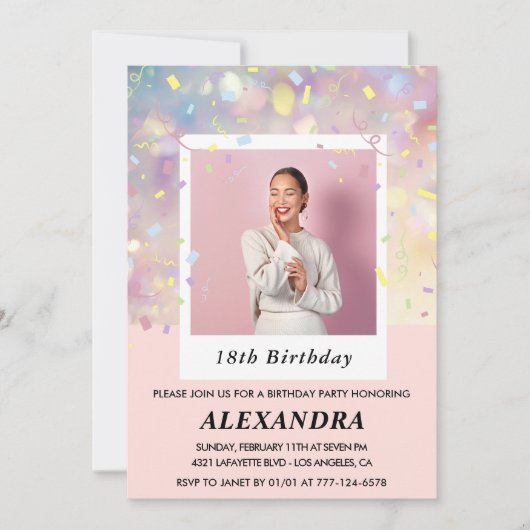 ピンク18歳の誕生日招待状紙吹雪写真 招待状 (正面)
