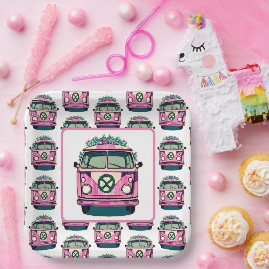 ピンク1970sヒッパイファンレトロヴィンテージスタイル誕生日 ペーパープレート (パーティー)