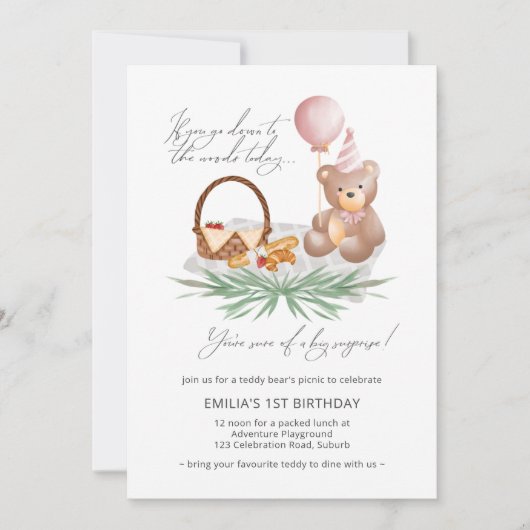 ピンク1st誕生日テディベアーピクニック 招待状 (正面)