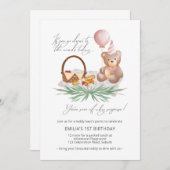 ピンク1st誕生日テディベアーピクニック 招待状 (正面/裏面)