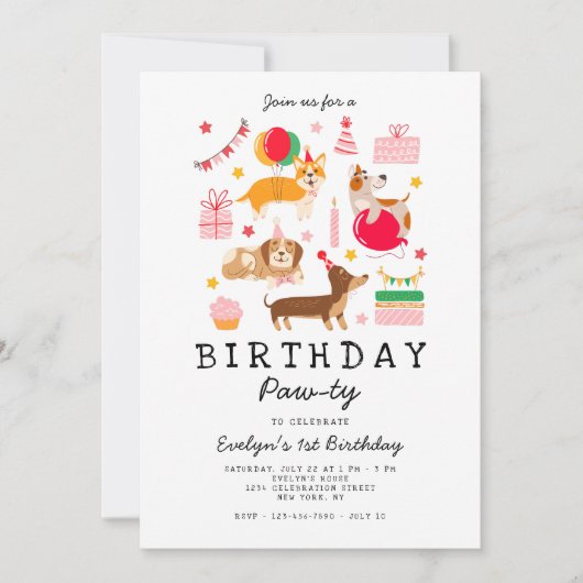 ピンク1st誕生日レッツポーティパーティの招待状 招待状 (正面)