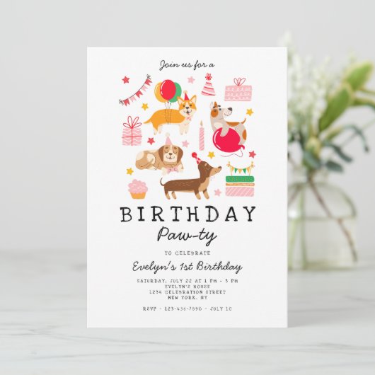 ピンク1st誕生日レッツポーティパーティの招待状 招待状 (スタンド正面)