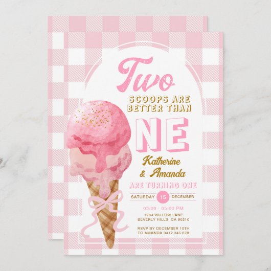 ピンク2スクープは1日の誕生日より良い 招待状 (正面/裏面)
