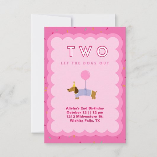 ピンク2匹が犬を連れて2回目の誕生日招待状 招待状 (正面)