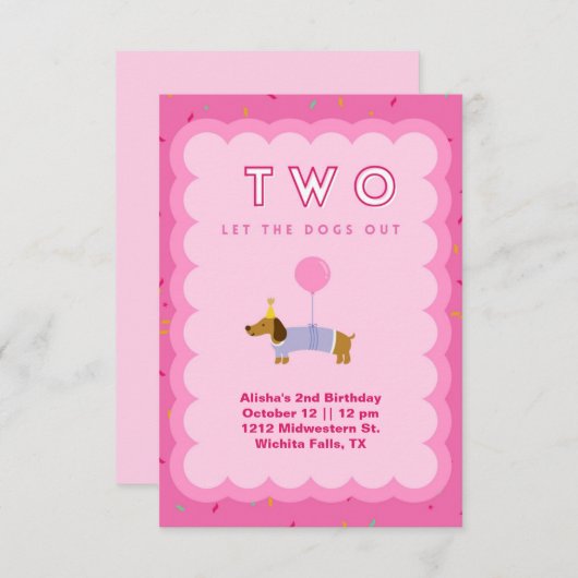 ピンク2匹が犬を連れて2回目の誕生日招待状 招待状 (正面/裏面)