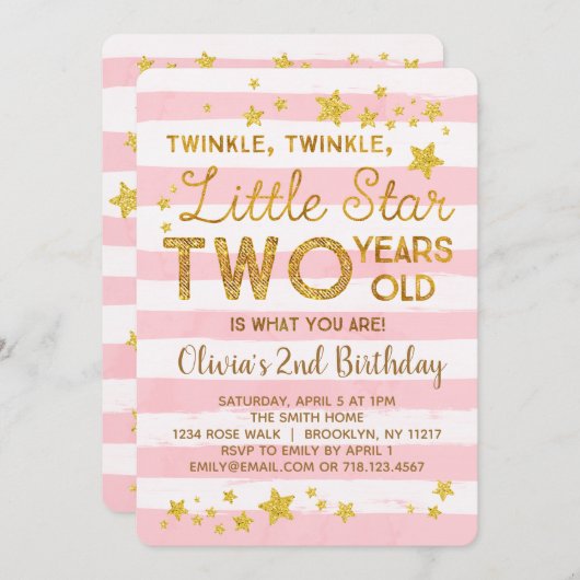 ピンク2歳の招待状トゥインクルリトルスター 招待状 (正面/裏面)