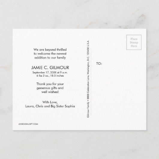 ピンク2番目のベビー誕生フォトコラージュ 案内ポストカード (裏面)