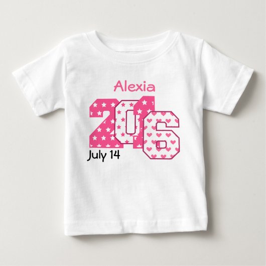 ピンク2016の大きい数および白いV04で生まれて下さい ベビーTシャツ (正面)