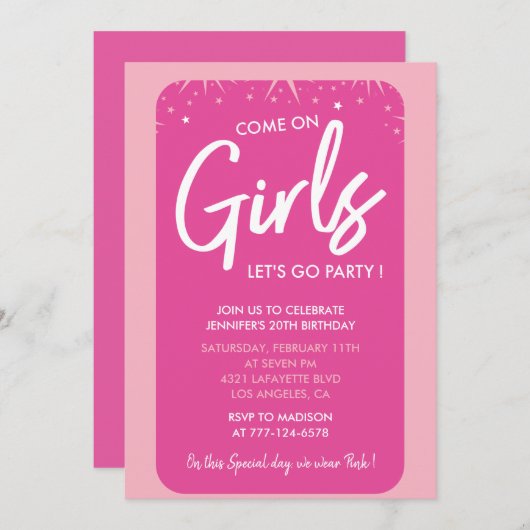 ピンク20th誕生日招待状ガールトレンディー ガーリー 招待状 (正面/裏面)
