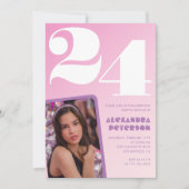 ピンク24歳の誕生日招待状レトロ写真 招待状 (正面)