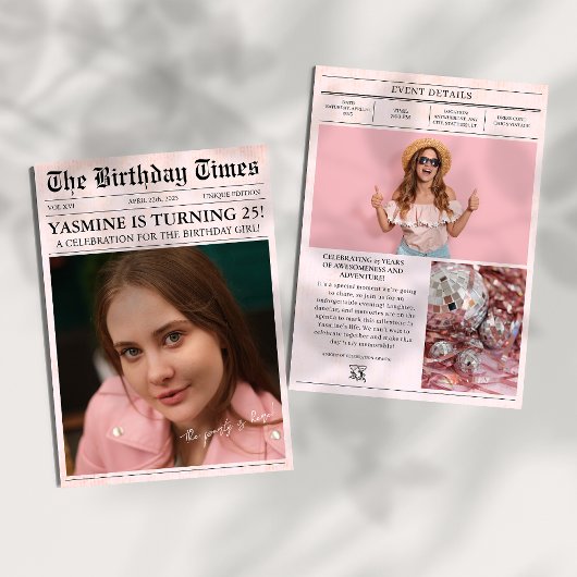 ピンク25th誕生日パーティー新聞カバーフォト 招待状