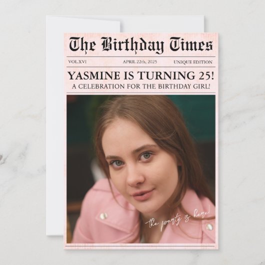 ピンク25th誕生日パーティー新聞カバーフォト 招待状 (正面)