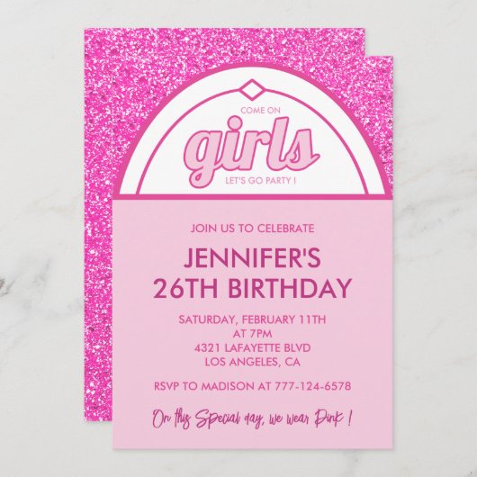 ピンク26th誕生日招待状グリッターガール 招待状 (正面/裏面)