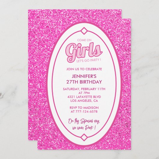 ピンク27歳の誕生日招待状グリッターガール 招待状 (正面/裏面)