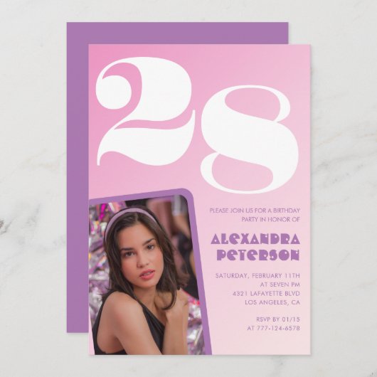 ピンク28歳の誕生日招待状レトロ写真 招待状 (正面/裏面)