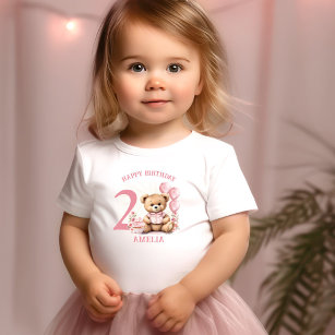 ピンク2ndベア誕生日ガールトドラーTシャツ トドラーTシャツ