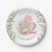 ピンク2nd誕生日かわいいテディベア紙プレート ペーパープレート (正面)